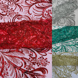 Palm Vine Glitter Design On A Mesh Lace Fabric - Hunter Green, Gold, Silver/White, Red, 54" Width (1 Yard)