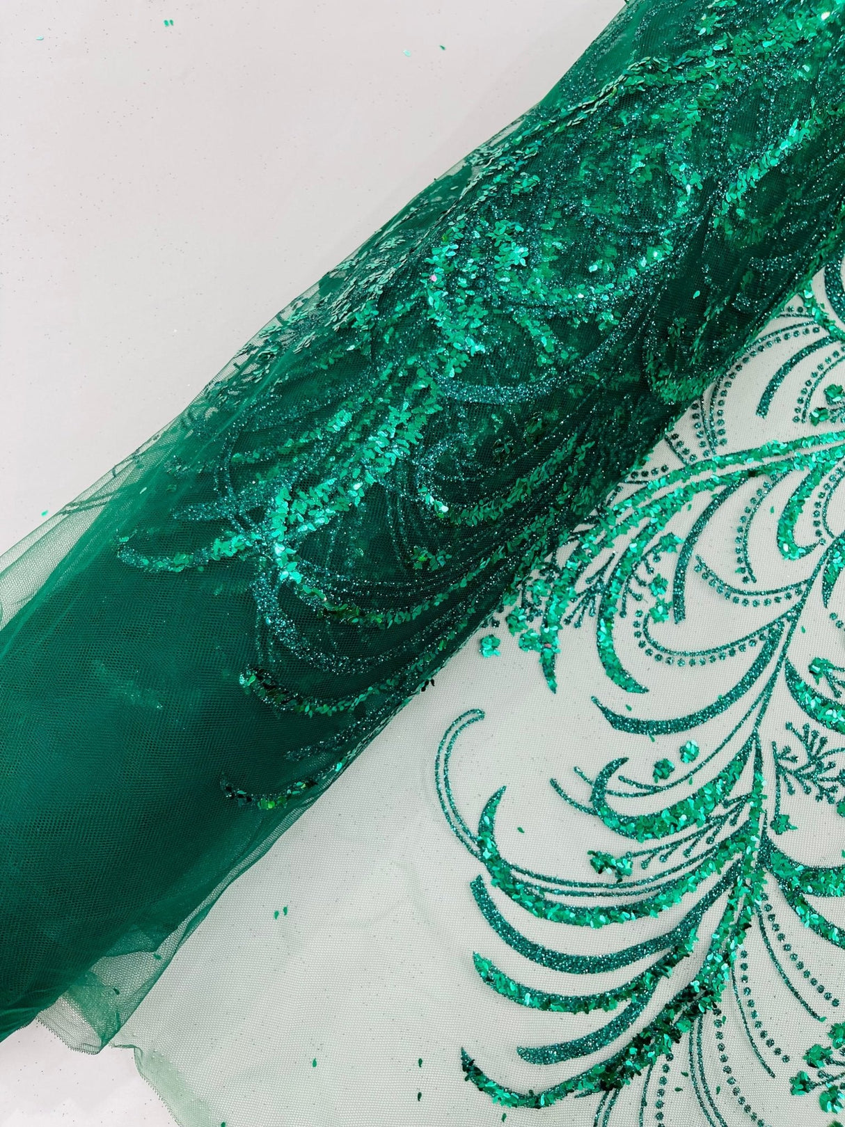 Palm Vine Glitter Design On A Mesh Lace Fabric - Hunter Green, Gold, Silver/White, Red, 54" Width (1 Yard)