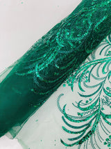 Palm Vine Glitter Design On A Mesh Lace Fabric - Hunter Green, Gold, Silver/White, Red, 54" Width (1 Yard)
