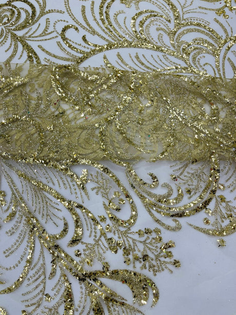 Palm Vine Glitter Design On A Mesh Lace Fabric - Hunter Green, Gold, Silver/White, Red, 54" Width (1 Yard)