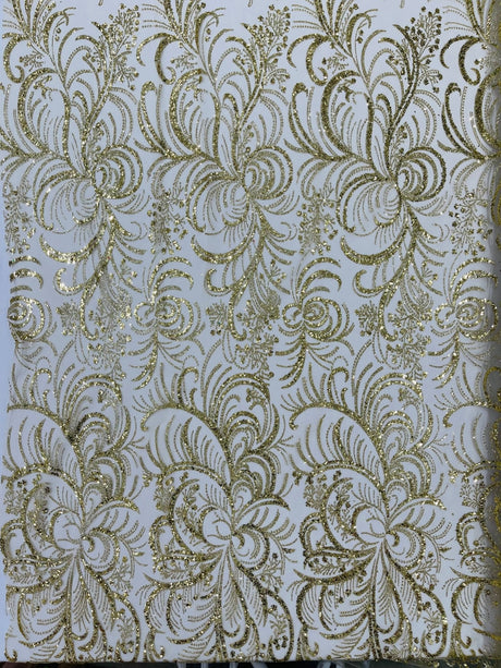 Palm Vine Glitter Design On A Mesh Lace Fabric - Hunter Green, Gold, Silver/White, Red, 54" Width (1 Yard)
