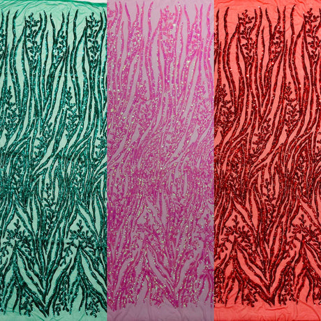 Vine/Root Sequin 4 Way Stretch Mesh Fabric - Vine/Root Sequin Pattern, 54" Width (1 Yard)