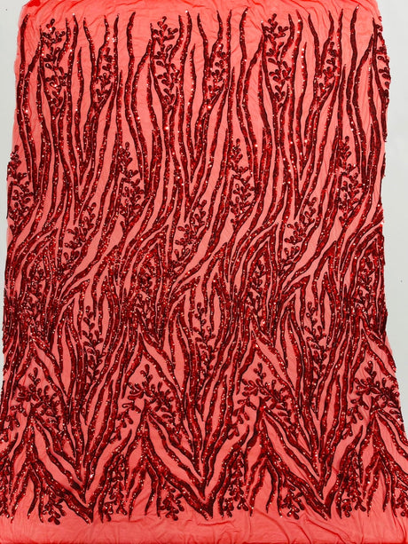 Vine/Root Sequin 4 Way Stretch Mesh Fabric - Vine/Root Sequin Pattern, 54" Width (1 Yard)
