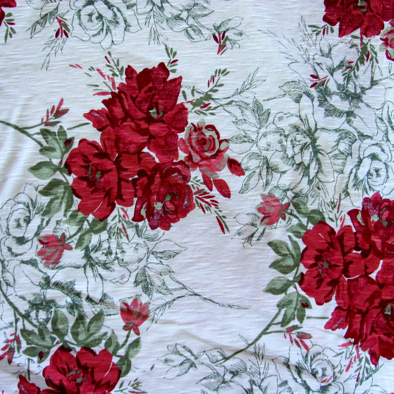 Cotton Knit Vintage Red Roses Slub Jersey Fabric