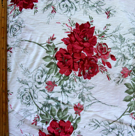 Cotton Knit Vintage Red Roses Slub Jersey Fabric