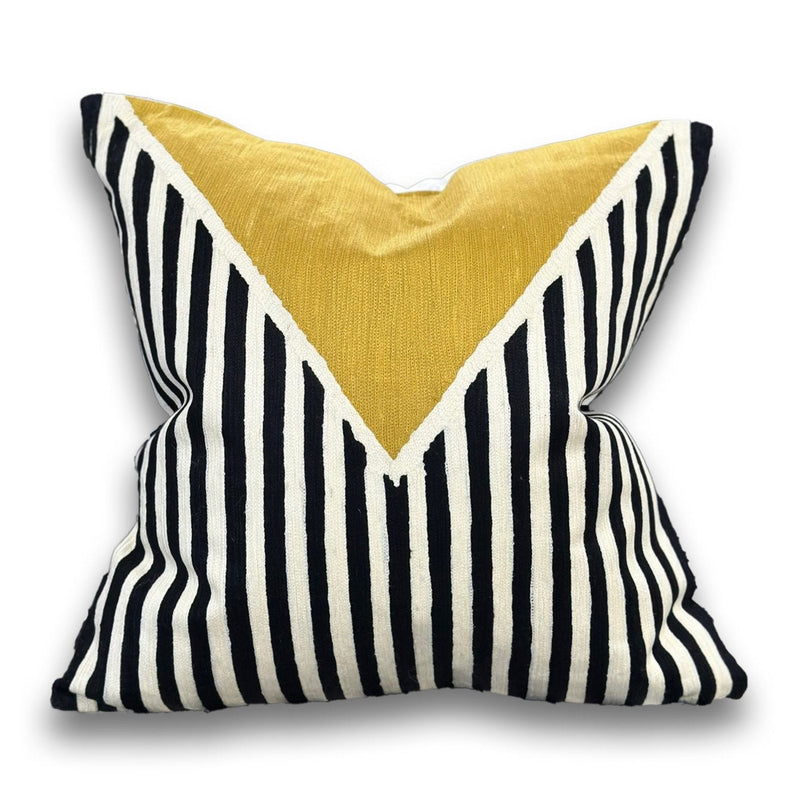 VIVA012 Polyester Fabric - White Base, Black & Ivory Geometric Embroidery, Mustard Graphic, 20" X 20" (1 Piece)
