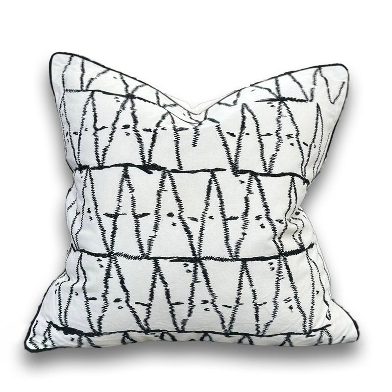Viva015 White Velvet Pillow - Black Embroidered Abstract, Thick Border, 20" X 20" (1 Piece)