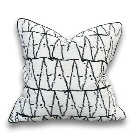 Viva015 White Velvet Pillow - Black Embroidered Abstract, Thick Border, 20" X 20" (1 Piece)