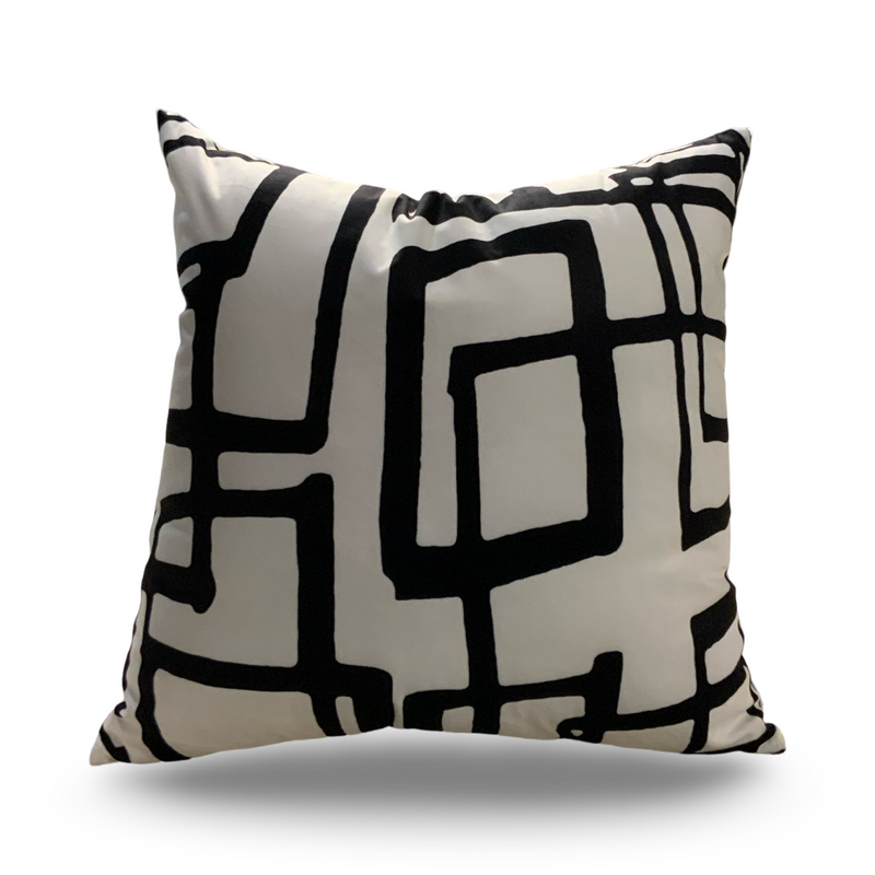 Viva018 White Throw Pillow Velvet Fabric - Black Geometric Squares, 20" X 20" (1 Piece)