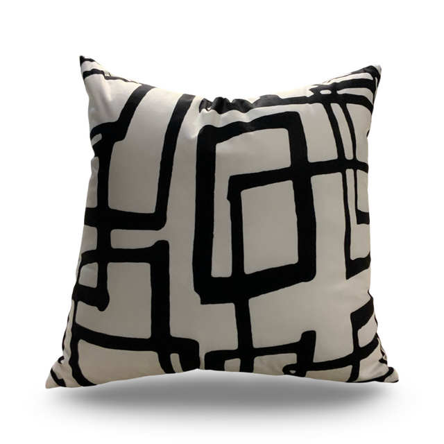 Viva018 White Throw Pillow Velvet Fabric - Black Geometric Squares, 20" X 20" (1 Piece)
