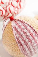 Red White Plaid Waffle Ball Ornament 5 Inch Christmas