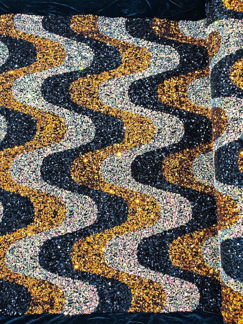 Wave Sequin Stretch Velvet Fabric - Wave Design, 54" Width (1 Yard)