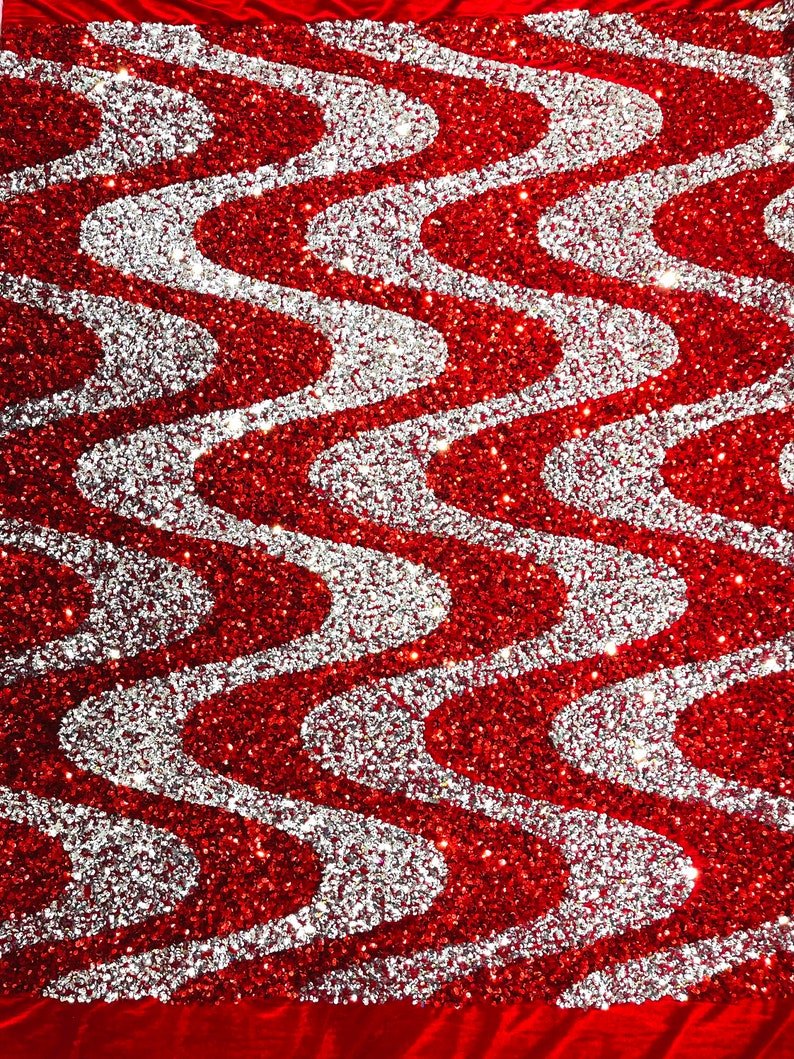 Wave Sequin Stretch Velvet Fabric - Wave Design, 54" Width (1 Yard)