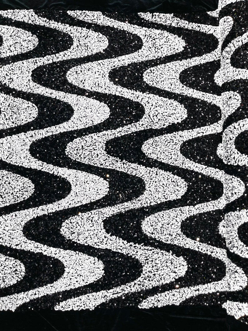 Wave Sequin Stretch Velvet Fabric - Wave Design, 54" Width (1 Yard)