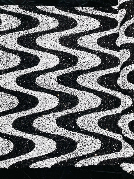 Wave Sequin Stretch Velvet Fabric - Wave Design, 54" Width (1 Yard)