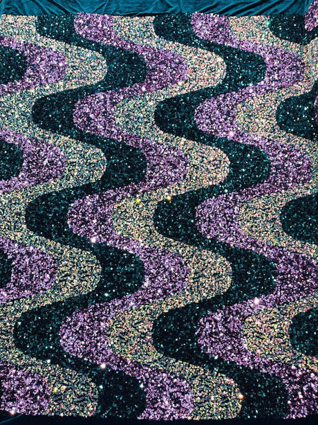 Wave Sequin Stretch Velvet Fabric - Wave Design, 54" Width (1 Yard)