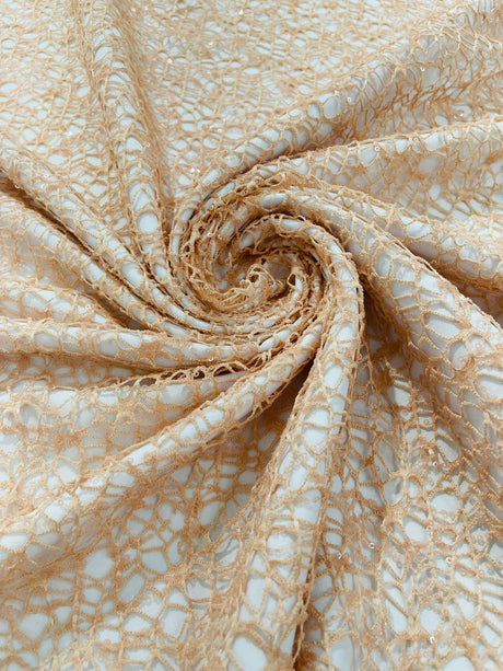 Web Sequin Fish Net Polyester Fabric - Blush Peach, Champagne, Taupe, White Open Mesh Sequin Design, 60" Width (1 Yard)