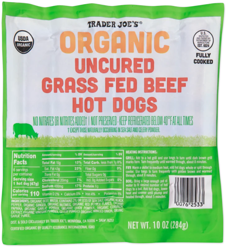 Organic Uncured Grass Fed Beef Hot Dogs 10 Oz