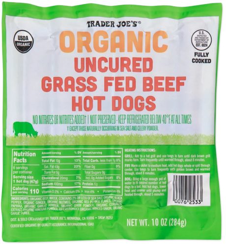 Organic Uncured Grass Fed Beef Hot Dogs 10 Oz