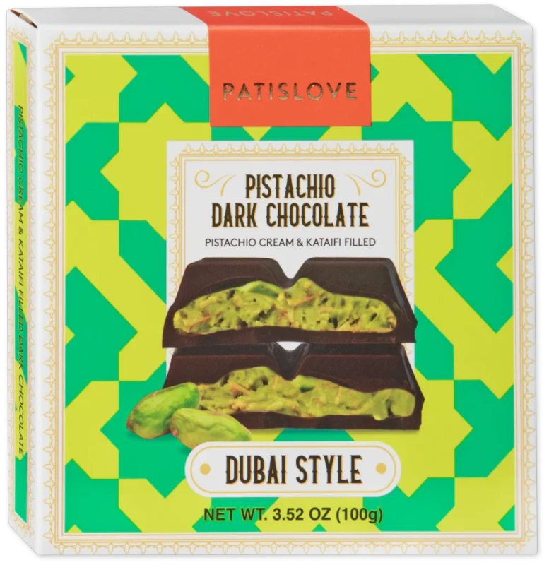 Patislove® Pistachio Dark Chocolate Dubai Style – Filled Chocolate Bar (3.52 oz)