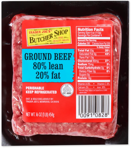 Ground Beef 80% Lean, 20% Fat 1 Lb Premium Burger Beef