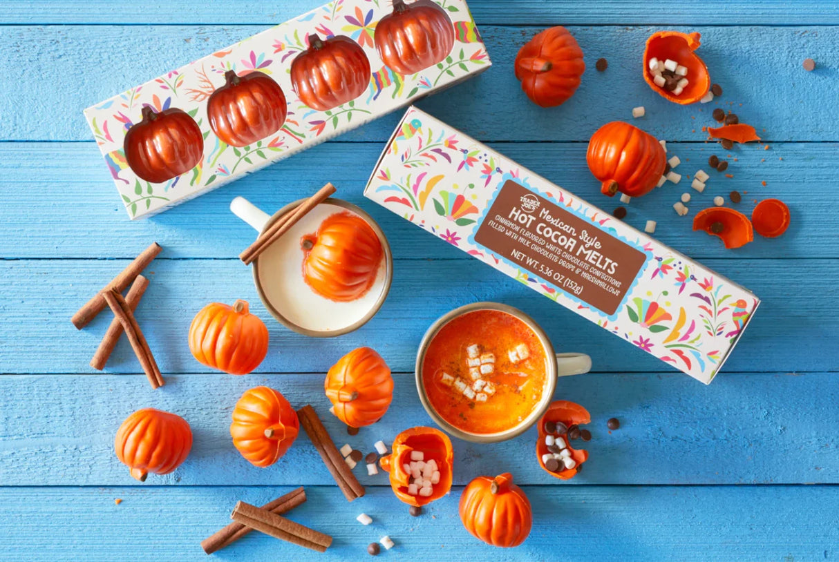 Mexican Style Hot Cocoa Melts – Pumpkin-Shaped Spiced White Chocolate Cocoa Bombs