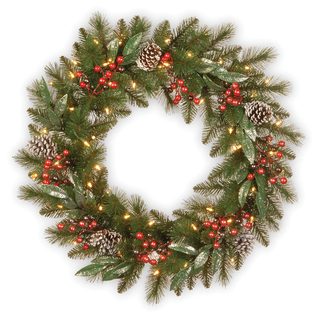 Pre-Lit Frosted Pine Berry Wreath with Warm White LED Lights, 30 Inch