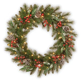 Pre-Lit Frosted Pine Berry Wreath with Warm White LED Lights, 30 Inch