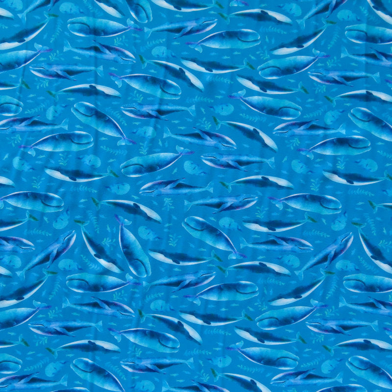 Nylon Spandex Swimsuit Fabric Whale Migration 4-Way Stretch Turquoise Blue