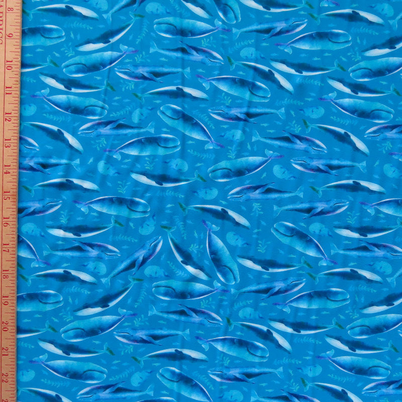 Nylon Spandex Swimsuit Fabric Whale Migration 4-Way Stretch Turquoise Blue