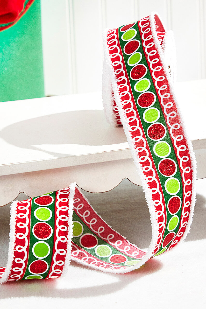 2.5" x 10 Yard Stripe Glitter Circle Drift Ribbon — Red/Green