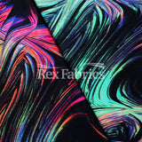 Whisper Nylon Spandex Fabric - Warm/Cool Multicolor Abstract Wave Print, Black Background, 58" Width, 320 GSM (1 Yard)