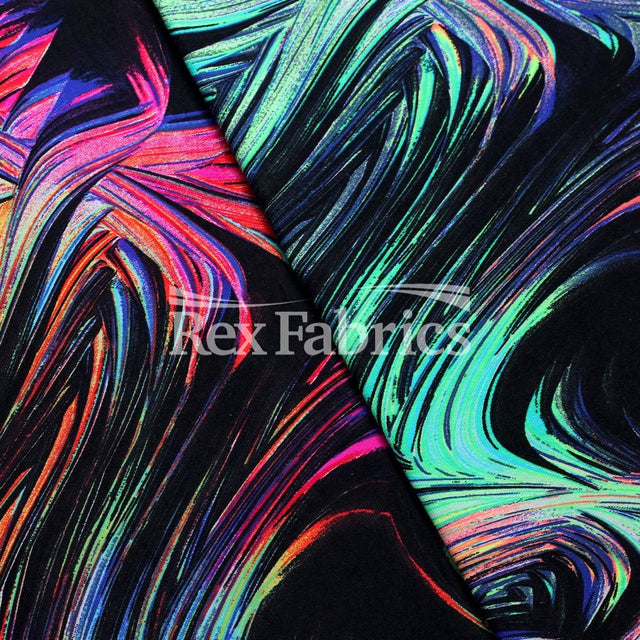Whisper Nylon Spandex Fabric - Warm/Cool Multicolor Abstract Wave Print, Black Background, 58" Width, 320 GSM (1 Yard)