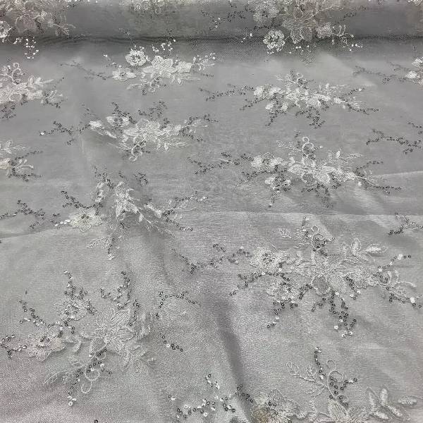Floral Mesh Lace Fabric - Sequin Embroidery, Royal Blue, 52" Width
