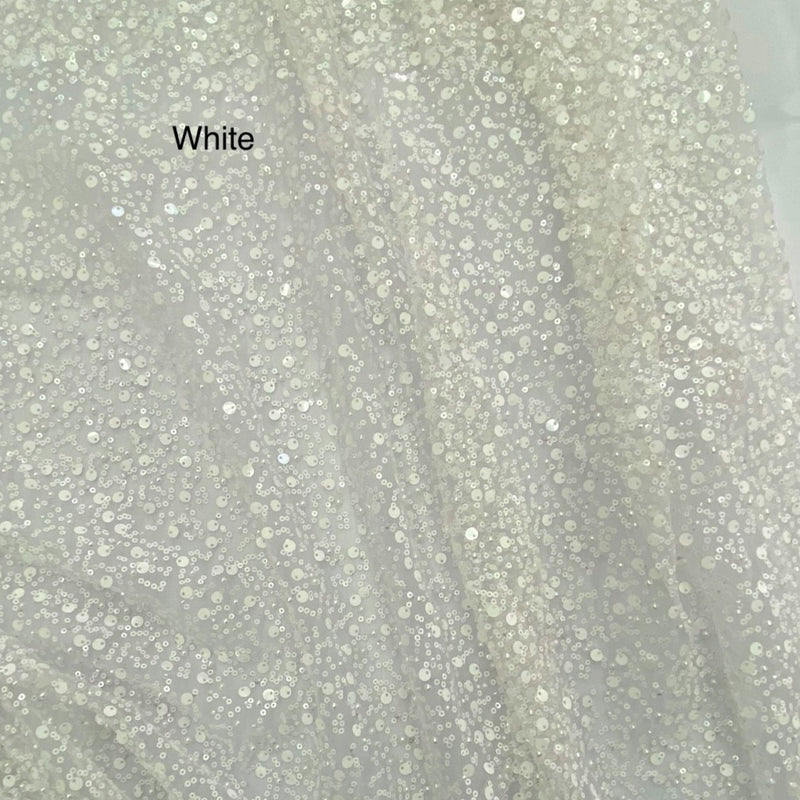 BPS Mesh Lace White Polyester Fabric - White Beads, Pearls, Sequins Mesh, 60" Width (1 Yard)