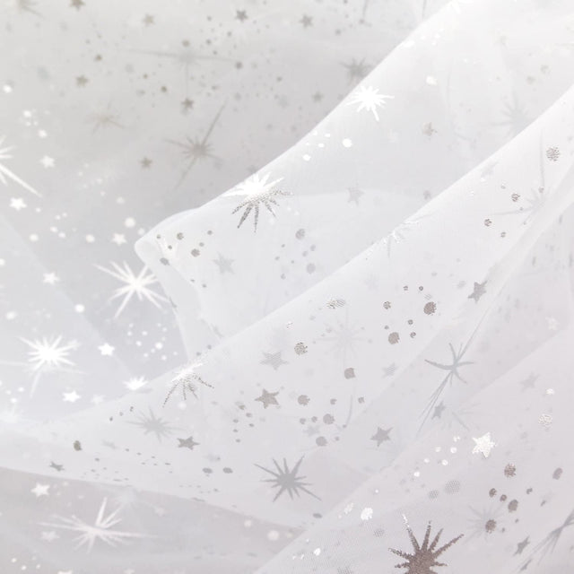 White Star Bursts Sheer Organza Fabric - White Star Bursts, 58/60" Width (1 Yard)