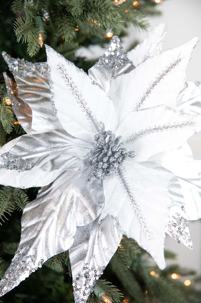 31” x 17" Silver & White Sequin Glitter Poinsettia