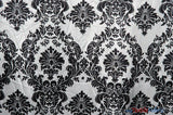 Damask Satin Charmeuse Polyester Fabric - White Black Damask, 58/60" Width