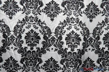 Damask Satin Charmeuse Polyester Fabric - White Black Damask, 58/60" Width