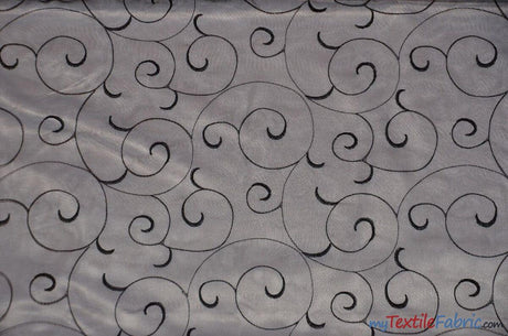 Swirl Organza Polyester Fabric - Embroidered Swirl Sheer, 52/54" Width, Multiple Colors (1 Yard)