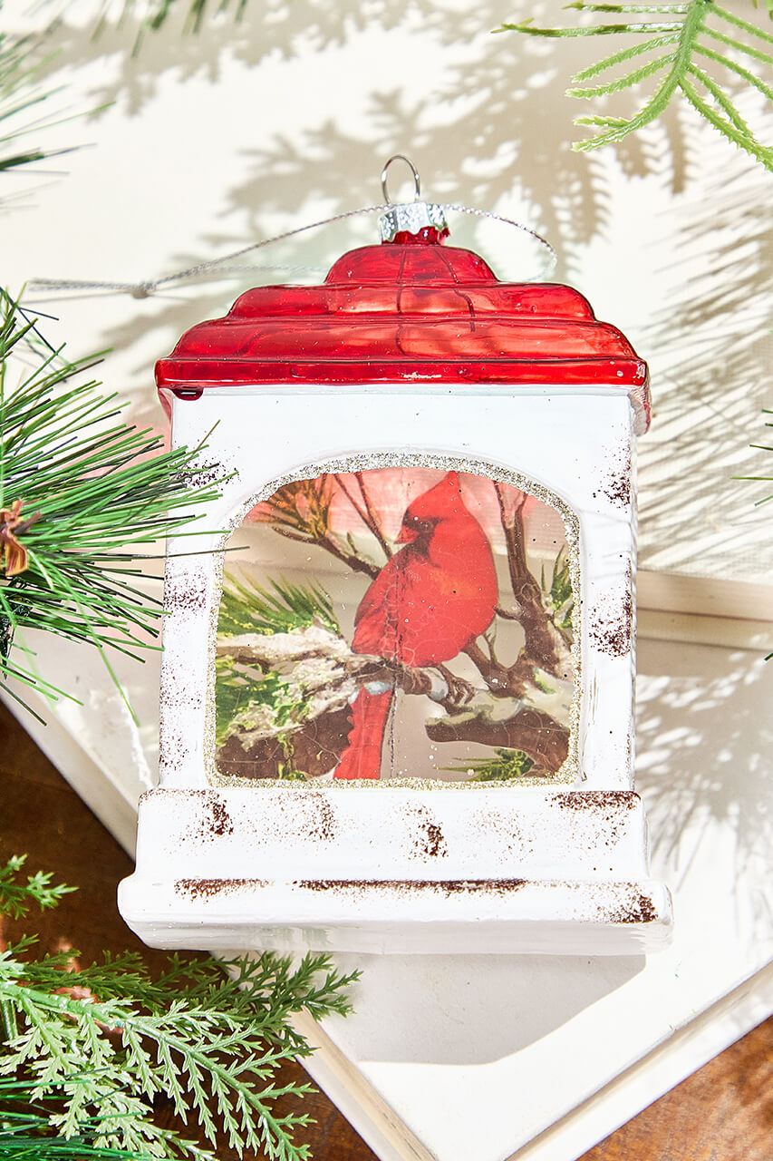 5" Glass Cardinal Scene Lantern Ornament