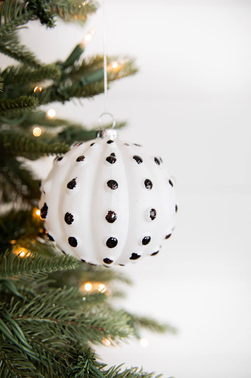 4” White and Black Glass Dotted/Striped/Quilted Ornament