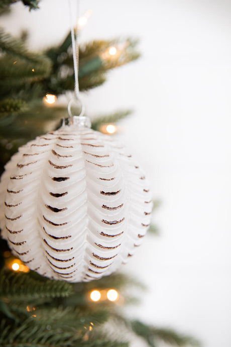 4” White and Black Glass Dotted/Striped/Quilted Ornament