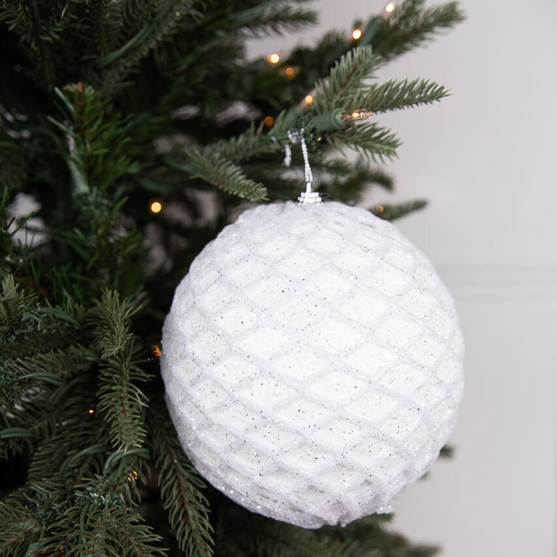 6" White Glittered Net Ball Ornament – Frosted Holiday Texture Accent
