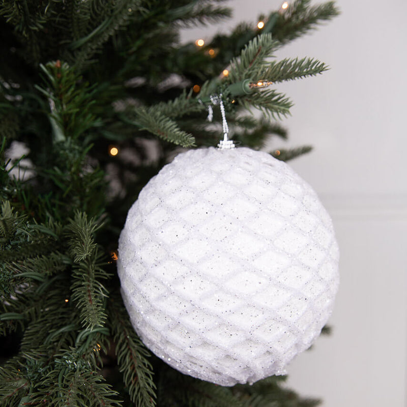6” White Glittered Net Ball Ornament