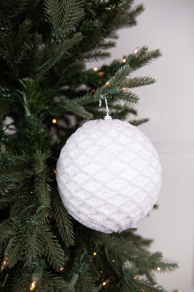 6” White Glittered Net Ball Ornament