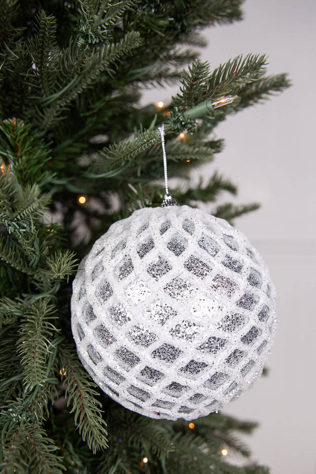 6” Glittered 2 Tone Silver/White Net Ball Christmas Ornament