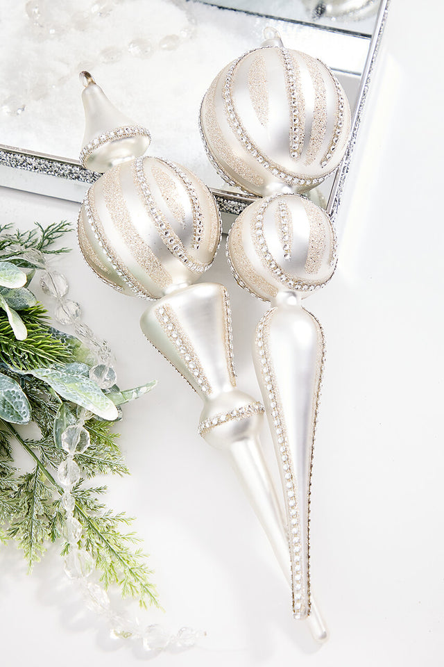 16" Pearl with Rhinestones Glass Finial Ornament