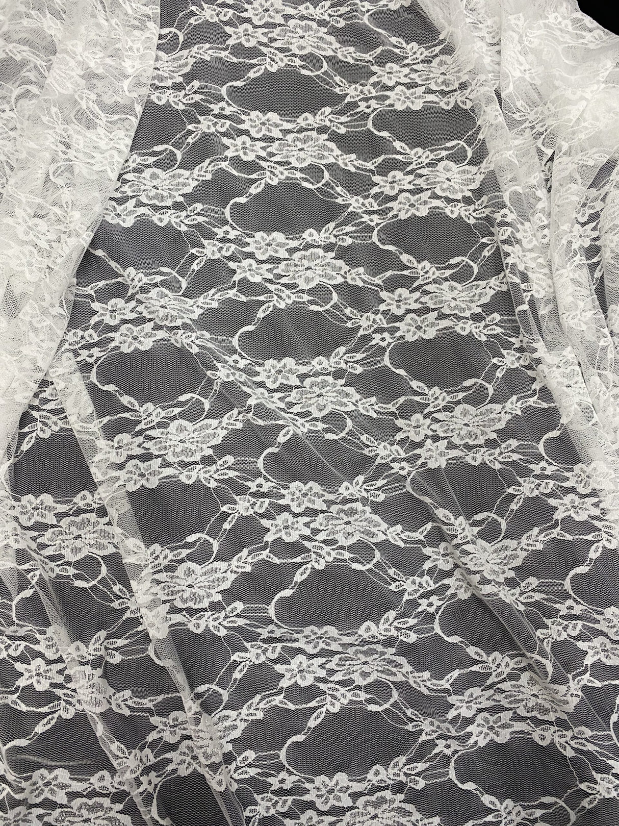 White 4-Way Floral Stretch Lace Fabric - Shimmery Floral Lace, White, 58/60" Width (1 Yard)