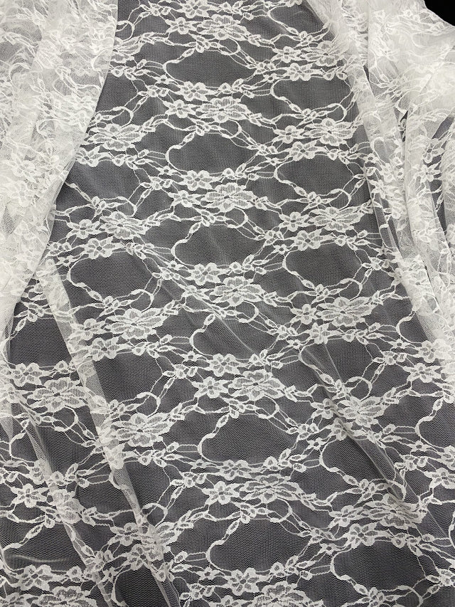 White 4-Way Floral Stretch Lace Fabric - Shimmery Floral Lace, White, 58/60" Width (1 Yard)